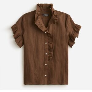 J.CREW Cottage Top Women's 18 Brown Short Ruffle Sleeve Button Down Linen Shirt